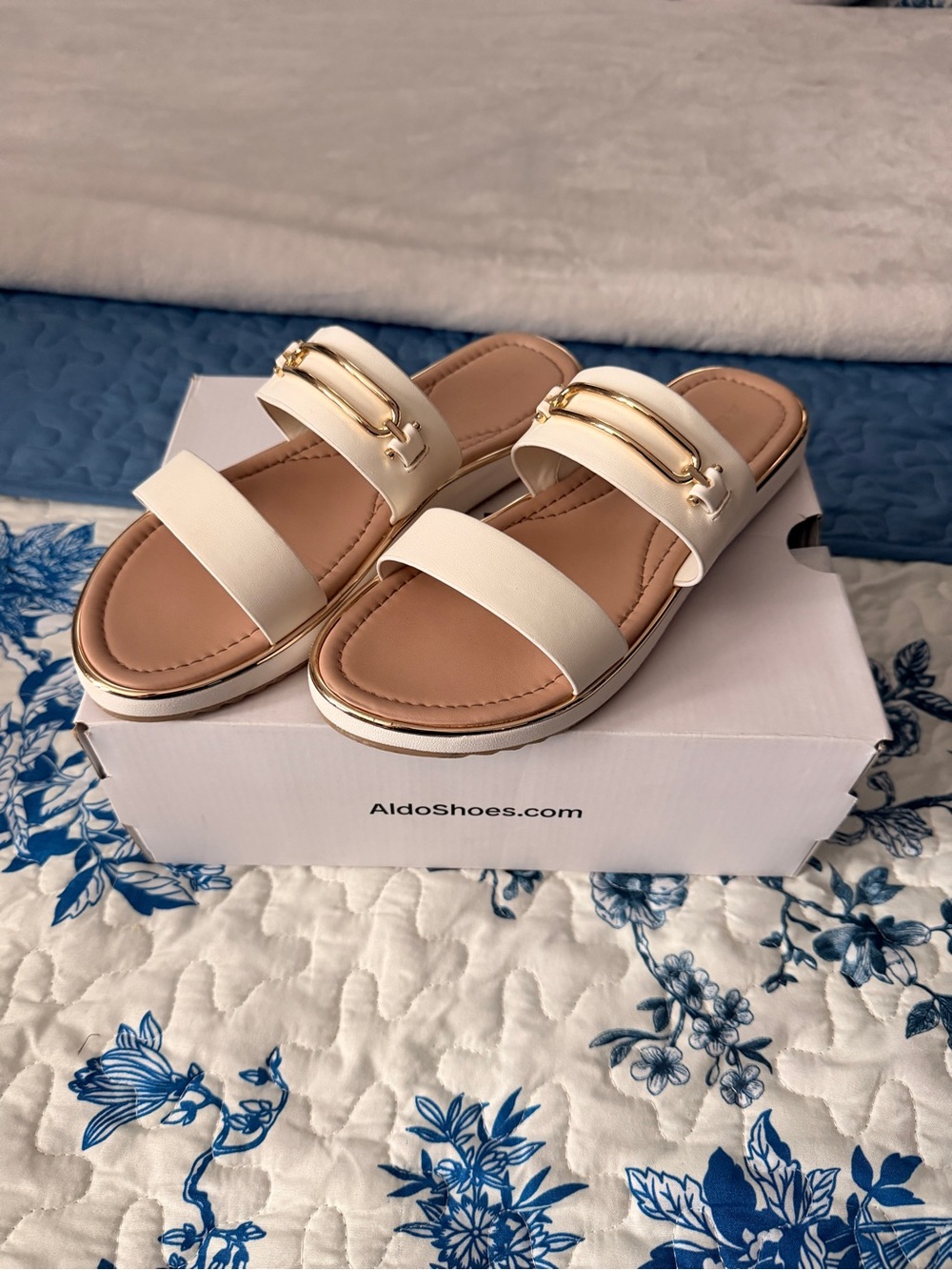 Aldo Cream Leather Double-Band Slide Sandals with Gold Hardware
